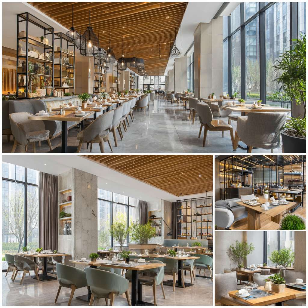 帮我做五张亚朵酒店真实高清餐厅早餐宣传实拍照片 --ar 1:1 --v 7 --stylize 100 --fast --no 水印