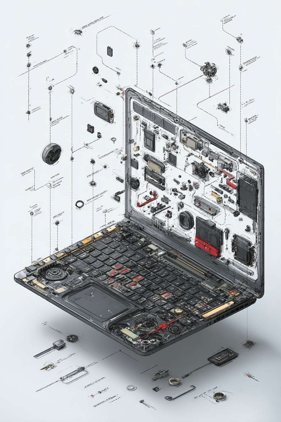 Ultra-detailed technical cutaway blueprint illustration of a high-performance laptop, dynamic wide-angle low-shot perspective. Main subject: a disassembled flagship ultrabook (ThinkPad X1 Carbon or MacBook Pro style), rendered in a realistic hand-drawn watercolor and technical ink style, isolated on a clean white background. The composition is an architectural exploded-view, with every component meticulously separated and floating in place, connected by precise thin leader lines. --ar 2:3 --v 7 --stylize 100 --fast