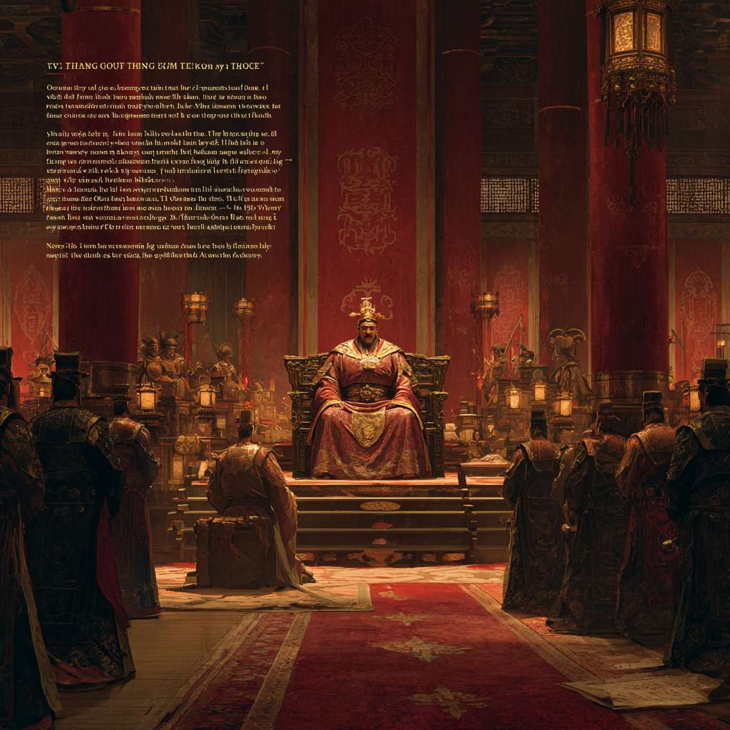 "Ancient Chinese palace hall, Northern Song dynasty, Emperor Taizong of Song sitting on a golden throne wearing a traditional imperial robe, King Qian Chu of Wuyue kneeling respectfully and presenting a rolled-up map, surrounded by Song dynasty officials and Wuyue envoys, highly detailed, cinematic lighting, historical accuracy, traditional Chinese architecture with red pillars and golden decorations, realistic style, 8K resolution, ultra-detailed." --ar 1:1 --v 7 --stylize 100 --fast