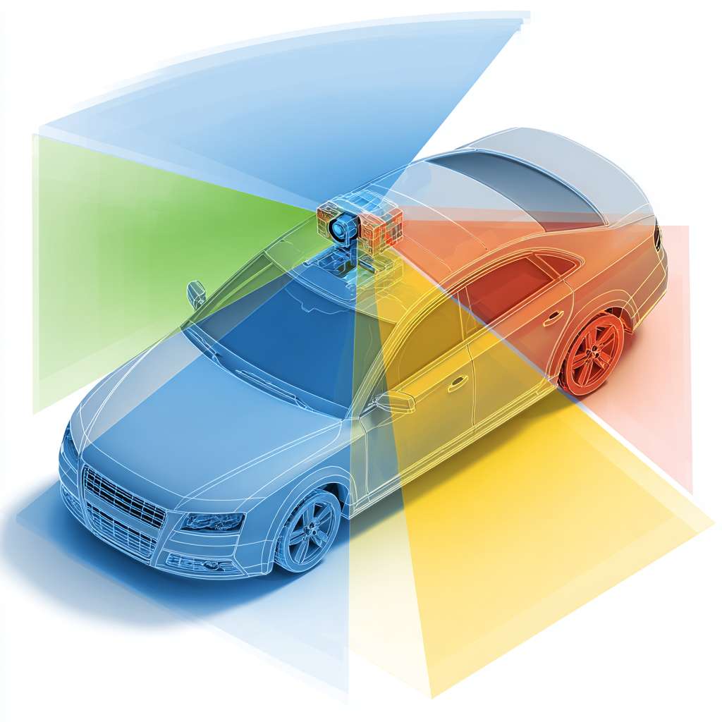 Top-down view of a car with four lidar sensors: one rotating cylinder on roof, two small cubes on front bumper and side mirrors, one on rear bumper. Show colored semi-transparent detection zones (blue 360° circle, green/yellow/red fan-shaped areas). Isometric technical illustration, clean lines, white background. --ar 1:1 --v 7 --stylize 100 --fast
