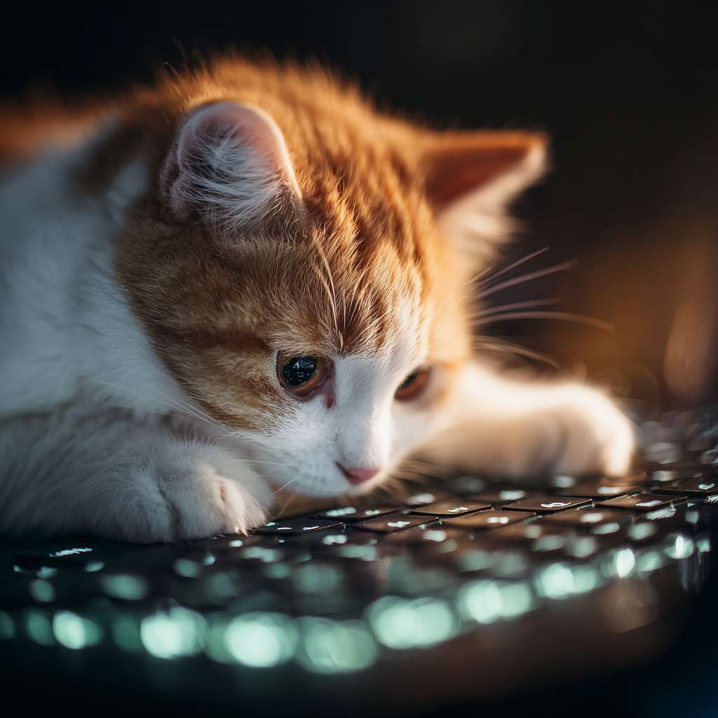一只美国短毛猫，表情严肃，用两只爪子在一台发光的键盘上胡乱敲打，照片级真实感，4k，细节生动，滑稽可爱 --ar 1:1 --v 7 --stylize 100 --fast --no 水印