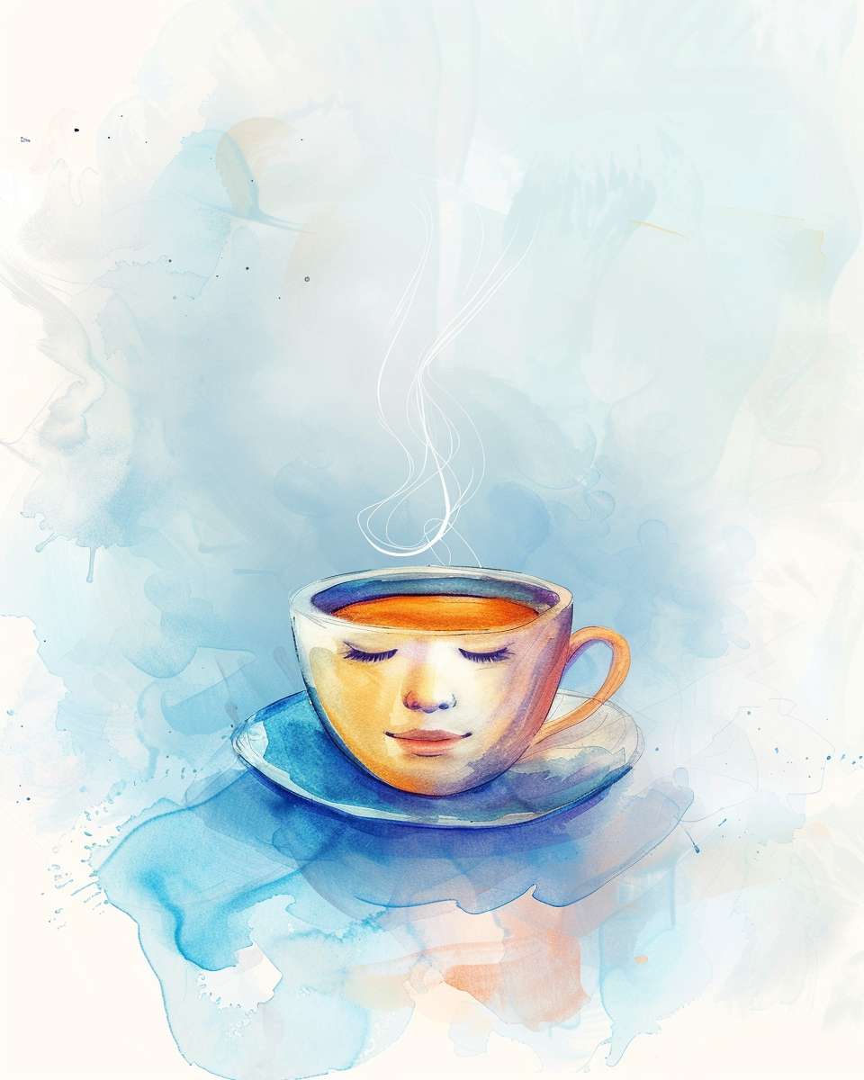 A teacup with steam forming a mindfulness symbol above it, the liquid surface reflecting a calm face, soft watercolor style, no text --ar 4:5 --v 6 --stylize 100 --fast