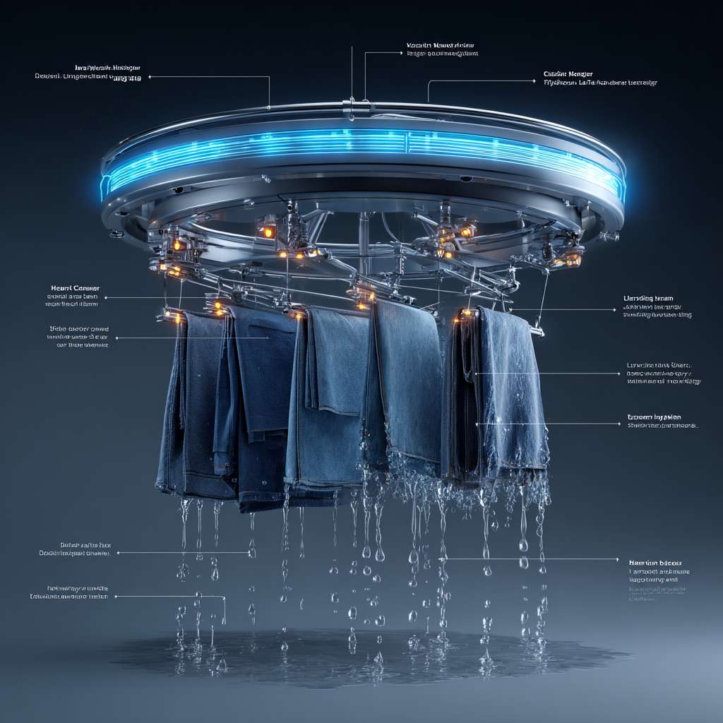 "High-tech rotating clothes rack with built-in UV sterilization, stainless steel ring with 5 adjustable arms, realistic water droplets on blue jeans, dynamic motion blur showing slow rotation, dark gray background with blue LED accent lighting, futuristic home appliance style, hyper-detailed 3D render" --ar 1:1 --v 7 --stylize 100 --fast