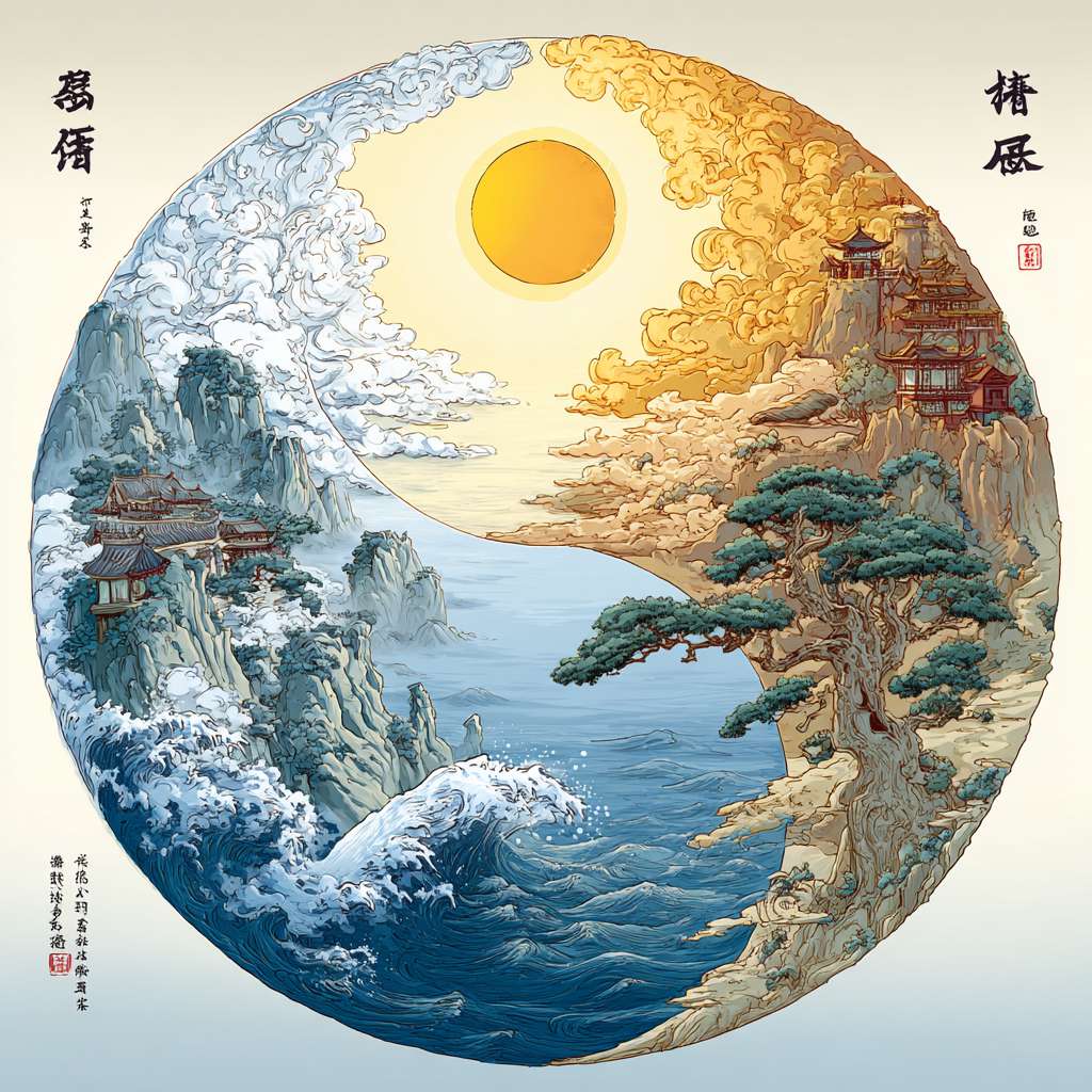 “道”指宇宙的本源、自然规律或大道，是一切事物的根本法则。“法”指遵循、效法或顺应。“自然”指事物本来的状态和运行规律。所以，“道法自然”可以理解为：大道遵循自然，或者人应顺应自然的规律而行，卡通画 --ar 1:1 --v 7 --stylize 100 --fast --no 水印