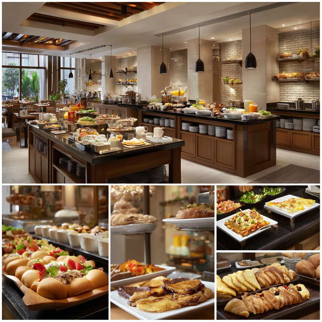 帮我做五张汉庭真实酒店餐厅早餐宣传实拍照片 --ar 1:1 --v 7 --stylize 100 --fast --no 水印