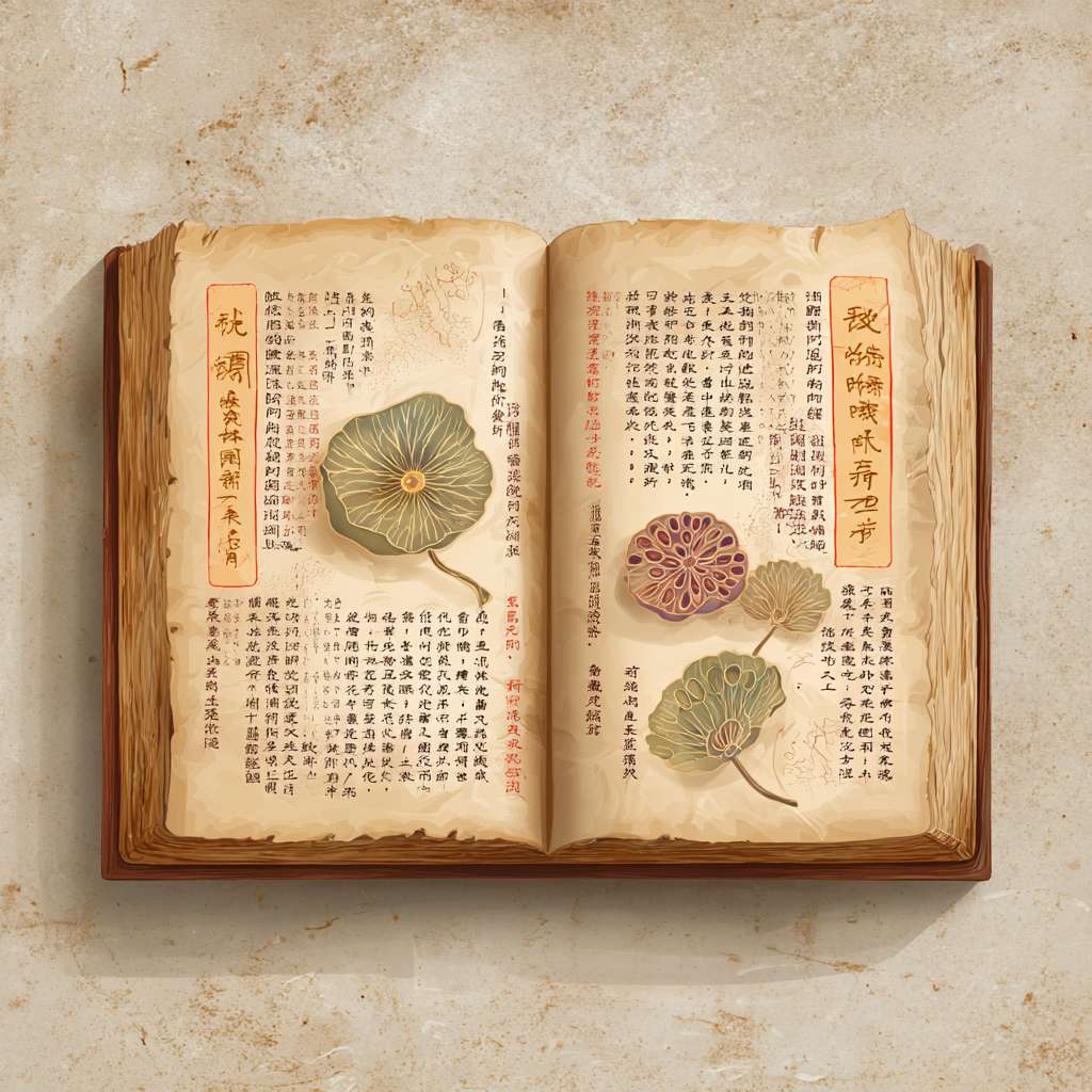 "Square icon, an open ancient Chinese book with yellowish parchment texture, simple line drawings of yam and lotus root on pages, warm beige and brown colors, no text, soft lighting, life illustration style" --ar 1:1 --v 7 --stylize 100 --fast