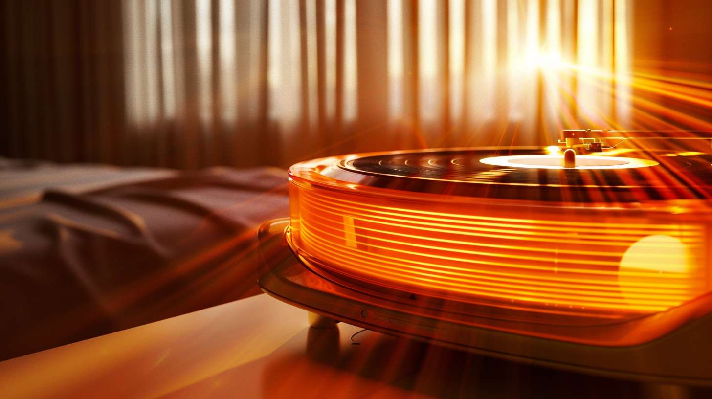 Vintage projector with a built-in Bluetooth speaker, projecting a glowing vinyl record visualization with sound waves, warm orange and cream tones, retro-futuristic --ar 16:9 --v 6 --stylize 100 --fast