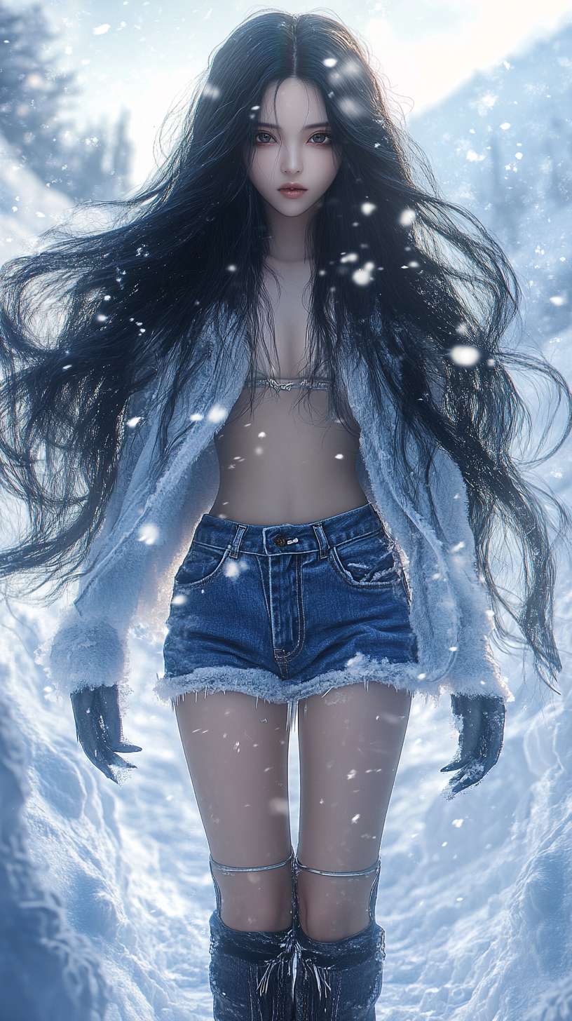 1个漂亮女孩，正面，长发，黑发，牛仔短裤，长腿，长靴，冬天，雪，雪地，雪山，光线 --ar 9:16 --v 6.1 --stylize 100 --fast --no 水印,水印,水印,水印