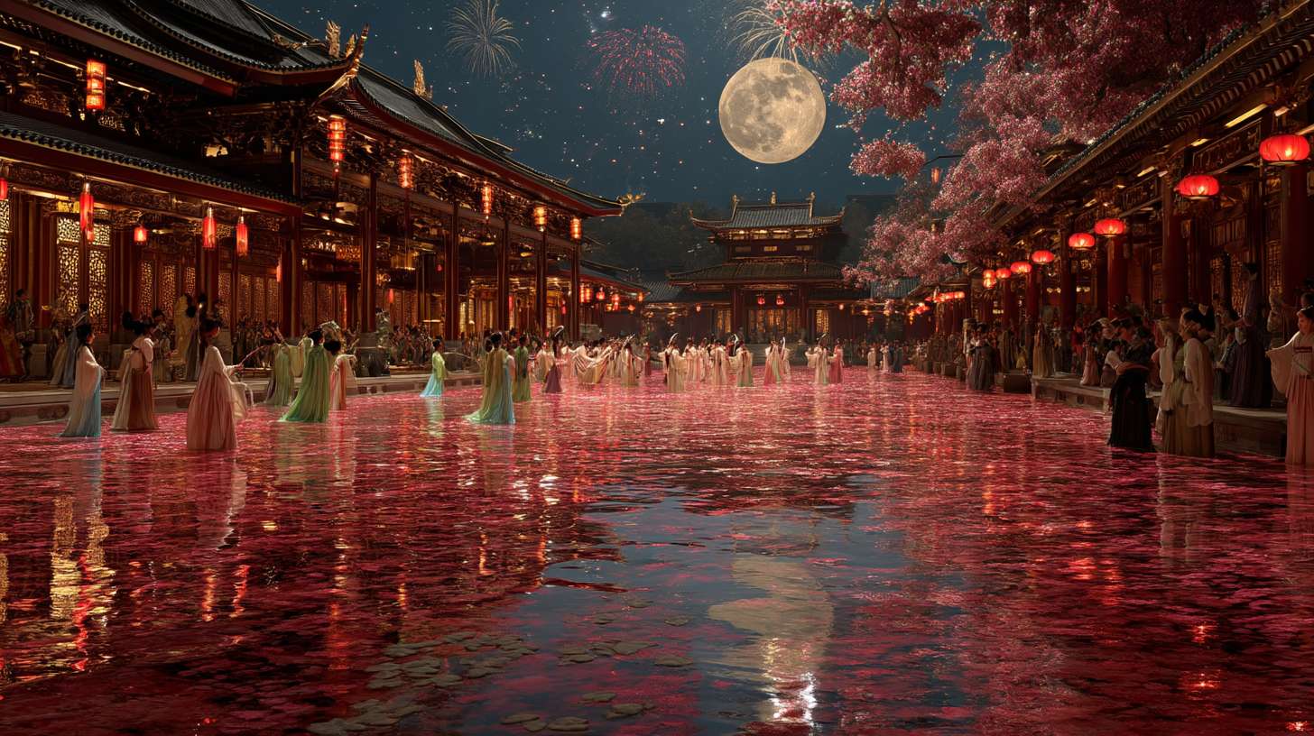 Unreal Engine 5 rendering, in this awe-inspiring scene of the ancient Luoyang Flower Festival, the composition centers on a vast sea of blooming peonies, surrounded by ancient-style pavilions, buildings, and winding corridors adorned with countless red lanterns, while the night sky is continuously lit up by colorful fireworks, the foreground features a celebrating crowd dressed in elegant Hanfu singing and dancing, the middle ground includes traditional Chinese architecture such as eaves-cornered pavilions, and the background blends deep blue starry skies with brilliant fireworks, in terms of color, vibrant reds, golds, and greens dominate, symbolizing luck and wealth, with the pink and white of the flowers sharply contrasting with the warm yellow of the lanterns, and the multicolored lights of the fireworks adding dynamic color variations, the lighting effects are exquisitely detailed, the soft glow from the lanterns casts warm shadows on people's faces and the ground, while the explosive flashes of fireworks create dazzling halos, contrasting with the cool moonlight to enhance the image's depth and dynamism, the entire scene is bustling and lively, with lanterns swaying gloriously, fireworks sparkling brilliantly, and the crowd cheering incessantly, as if transporting the viewer into a dreamlike ancient prosperous era filled with the charm of Chinese elements. --ar 16:9 --v 7 --c 20 --quality 4 --stylize 100 --fast