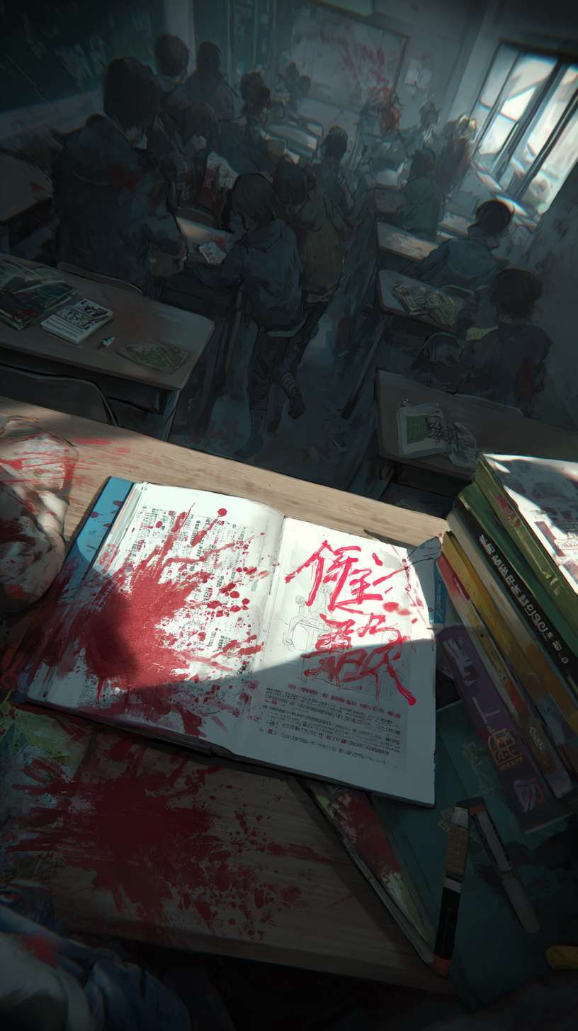 快速交叉剪辑：1) 游戏屏幕中，充满“侠义”字样的高度模糊化战斗画面；2) 现实中的课桌桌面，出现用红笔涂鸦的暴力图案（镜头快速带过，部分像素化处理）。一只手将一本《法律基础》推入画面阴影中。最后是一个仰视镜头：几个模糊的、具有威胁感的学生身影轮廓，挡住阳光，营造压抑感。 --ar 9:16 --v 7 --stylize 100 --fast --no 水印