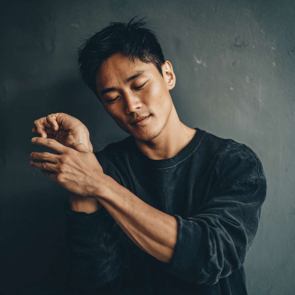 A picture of an Asian person peacefully slapping their cubital fossa --ar 1:1 --v 7 --stylize 100 --fast