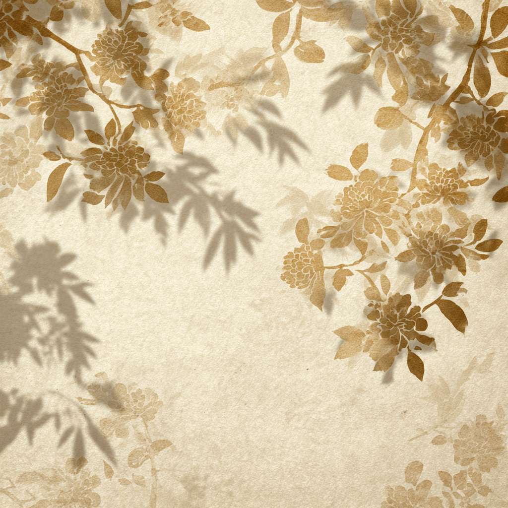 Ancient Chinese paper texture background, subtle bamboo forest shadow in low opacity, golden sunlight through leaves, scattered traditional herbal medicine illustrations (chrysanthemum/gingko), barely visible cloud dragon pattern from Song Dynasty ceramics, warm ivory base with taupe accents, harmonious empty space --ar 1:1 --v 7 --stylize 100 --fast