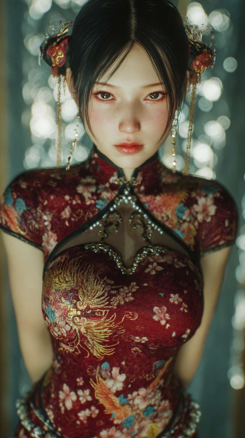 The front full body portrait, a real scene, is an East Asian beauty, with elegant black hair at the waist, delicate butterfly buns tied with phoenix hairpins, wisps of diamond shaped faces, charming red phoenix eyes, and golden eyeliner hanging to the sideburns. The high necked cheongsam has a hot figure, with a focus on captivating close ups of the eyes. It features a deep red silk corset, golden phoenix embroidery, and pure black chiffon sleeves revealing the arms. A thin seam that reaches up to the thigh reveals the contours of the leg through a translucent fabric, with pearl tassels hanging from the jade belt. The blue stardust is ethereal. Barefoot stepped on the shining rune circle, and red toe nail polish was on the foot. Golden ankle chains. Mysterious moonlight courtyard scenery, cherry blossom petals rotating, cinematic volume lighting, ultra detailed 8K photography realism --ar 9:16 --v 7 --stylize 100 --fast