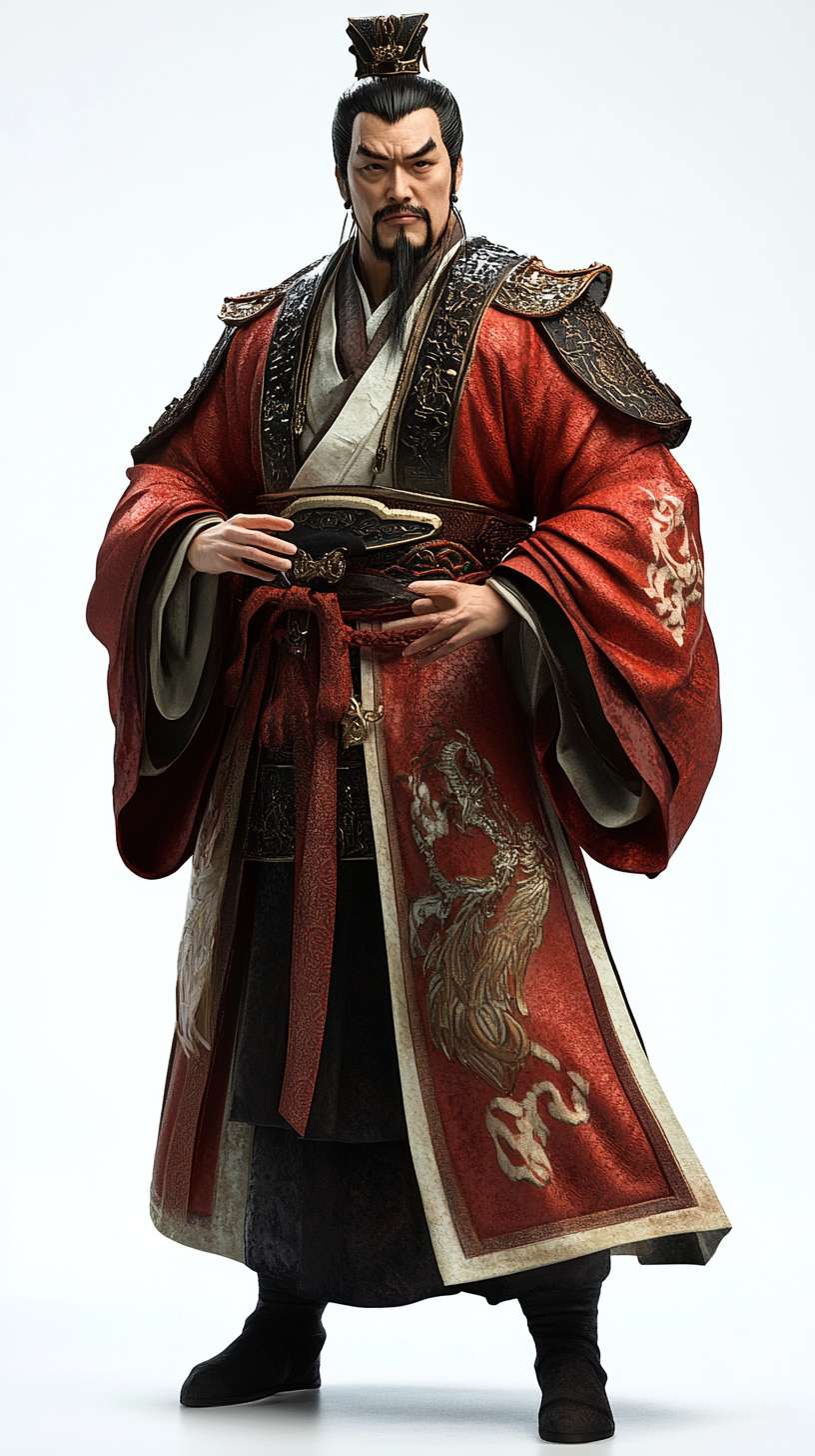 主题：史上最逆袭帝王（中国汉朝帝王） 风格：写实
细节：这位帝王身姿神秘侧身，动作夸张，霸气，立于洁净地板，背景清爽，以写真风格呈现，便于抠图。 ，比例 「9:16」 --ar 9:16 --v 6.1 --stylize 100 --fast