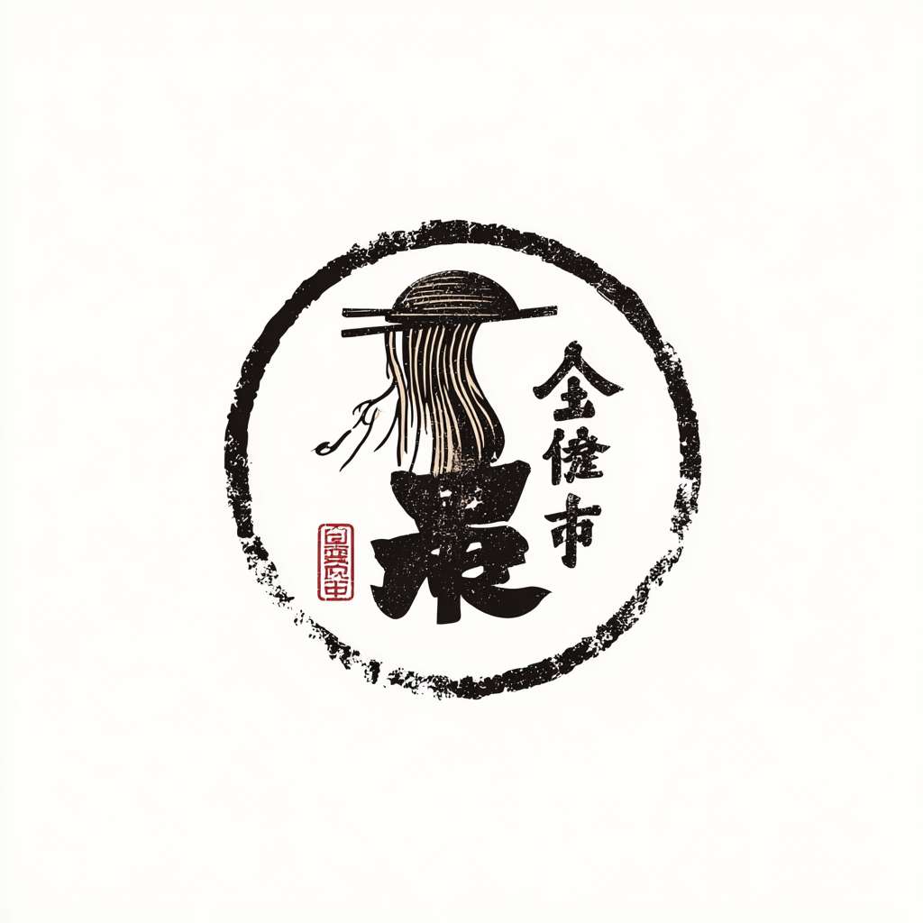 一个中国传统风格餐饮LOGO，核心图形是印章，印章内有艺术变形的“匠”字，字形结合了一只托举的手和飘逸的面条线条，印章边有古朴残破效果，印章内的图形文字都是黑色，背景干为纯白色，极简主义，高清，矢量 --ar 1:1 --v 7 --stylize 100 --fast --no 水印