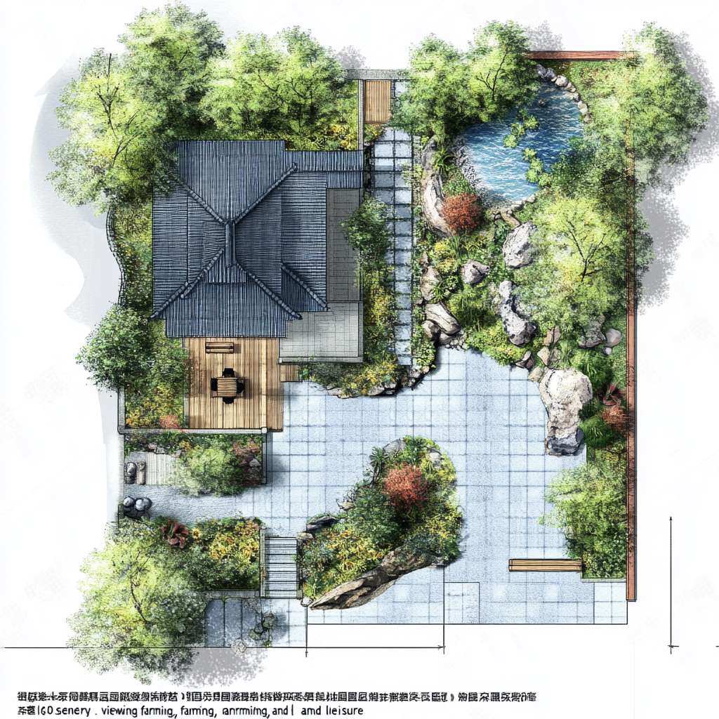 请根据以下描述生成一个建筑平面图。一、庭院功能分区与动线规划
1. 前院(迎宾景观区)
尺寸:4m×8m(靠近主入口)
核心元素:
中式门廊:悬挑1.5m宽灰瓦檐廊,地面铺青石板,设木质长凳供休憩。
曲径通幽:鹅卵石拼花小径(宽0.8m)蜿蜒至入口,两侧种植修水本地毛竹、蕨类。
水景点睛:利用小溪活水引入小型叠水景(宽1m×长2m),配石磨盘流水装置。
2. 侧院(实用功能区)
功能复合:
农具收纳:竹篱笆围合2m×3m工具间,顶部攀缘凌霄花遮阳。
晾晒区:防腐木平台(3m×3m),配可收放晾衣绳。
3. 后院(私密休闲区)
设计要点:
亲水平台:防腐木搭建挑台(4m×3m)延伸至溪边,设固定藤编桌椅。
生态菜园:阶梯式种植箱(1.2m高,方便老人操作),种植辣椒、薄荷等易打理作物。
夜景观赏:沿溪悬挂竹编灯笼,安装太阳能草坪灯(色温2700K暖光)。
二、中式美学细节设计
元素 实现方式 成本控制技巧
围墙 1.2m高青砖基座+上部竹格栅(间距15cm) 基座用本地红砖刷青灰漆,节省30%成本
地面铺装 60%青石板(主径)+30%砾石(排水带)+10%防腐木(平台) 砾石层下铺土工布防杂草
植物搭配 上层:桂花(香氛)+ 红枫(秋色)
中层:南天竹+芭蕉
下层:麦冬+矾根 选择2-3年生苗木,本地采购降低运费
小品装饰 旧石槽改荷花池、陶罐组合盆景、仿古拴马石 利用老物件再造景,文化感强且低成本
三、气候适应性设计
防潮排水
地面整体坡度3%向小溪方向倾斜,砾石排水沟沿建筑周边设置。
亲水平台底部架空10cm,采用菠萝格防腐木(耐湿性优于杉木)。
夏季遮阳
廊架顶部覆盖50%透光率的竹编遮阳板,搭配紫藤、葡萄等攀缘植物。
东西侧种植常绿女贞树篱(高2.5m),阻挡午后西晒。
冬季防风
北侧用木槿+珊瑚树混植绿篱(密度0.8m/株),降低冷风侵袭。
休息区设可拆卸透明防风帘(亚克力板+木框),冬季临时加装。
四、适老化安全设计
无障碍通行:所有通道宽度≥1m,无台阶设计,门槛高差<1cm。
防滑处理:青石板表面做荔枝面处理(摩擦系数≥0.6),木平台加防滑凹槽。
应急便利:
休憩区每10m设一键呼叫按钮(直连老人房报警器)。
夜间路径灯带嵌入地面(照度50-100lux),自动感应启动。
五、成本优化方案(预算3-5万元)
项目 推荐做法 单价参考
硬质铺装 本地青石板(60元/㎡)+ 砾石(30元/㎡) 1.2万元(约200㎡)
木作 菠萝格防腐木平台(350元/㎡) 1.5万元(40㎡)
绿化 本地苗木+自播草花 0.8万元(含土壤改良)
水景 小型循环水泵+旧石槽改造 0.3万元
照明 太阳能庭院灯+LED灯带 0.4万元
六、四季景观搭配建议
季节 观赏焦点 植物选择
春 入口紫藤花廊 紫藤、杜鹃、迎春
夏 荷池与芭蕉听雨 荷花、芭蕉、茉莉
秋 红枫与桂花香径 红枫、桂花、菊花
冬 竹石景观与常绿树 毛竹、南天竹、茶梅
七、施工注意事项
管线预埋:庭院照明线路穿PVC管埋深≥40cm,预留智能灌溉接口。
植被养护:芭蕉、竹子等根系发达植物需距建筑基础≥2m。
生态保护:溪边保留1m原生植被缓冲带,防止水土流失。
效果示意:
日景:白墙黛瓦掩映竹影,青石小径蜿蜒至溪边,木平台上老人闲坐品茶。
夜景:竹灯笼暖光映照水面,麦冬草间的萤火虫灯星星点点,宛如水墨画卷。
通过功能复合、在地材料利用和精细化适老设计,可在有限预算内实现“观景、务农、休闲”三合一的舒适庭院。 --ar 1:1 --v 6.1 --stylize 100 --fast