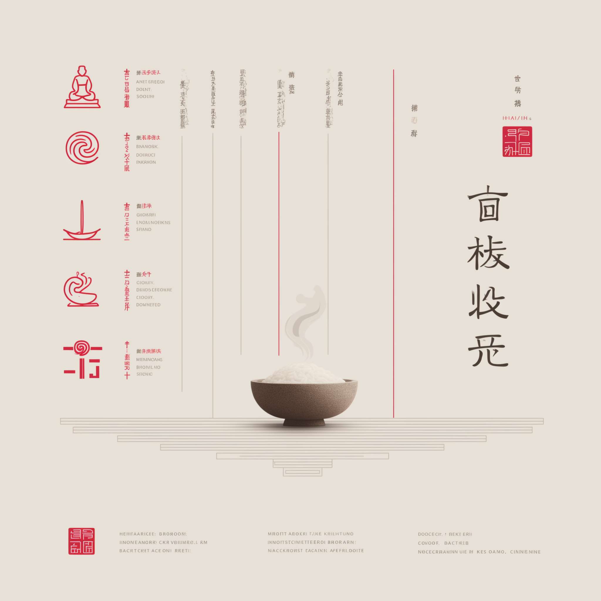 "White background, left side: vertical red icons (Tai Chi symbol, meditation stick figure, rice bowl), right side: Chinese text '正念 | 八段锦 | 食疗 | 国学' in modern font, light gray geometric lines at bottom, minimalist Chinese style, 1200x600 pixels" --ar 1:1 --v 7 --stylize 100 --fast --no 水印