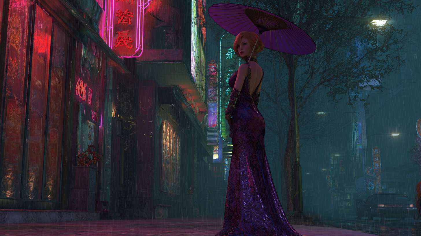 现代3D动画风格，在洛杉矶街道上的灯柱上，当时那里正下着毛毛雨。霓虹灯照在潮湿的柏油路上，一个金发女人穿着华丽的紫色长裙站在前方不远处打着伞正对着看着镜头 --ar 16:9 --v 7 --stylize 100 --fast --no 水印