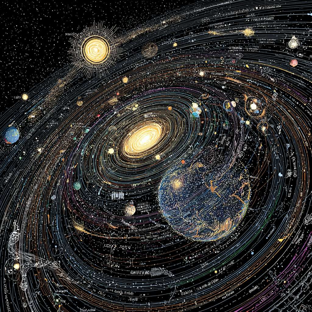 在浩瀚宇宙中有黑洞，星宇，各种星系天体，在这个画面中地球是最进的画面，显得非常科技风，地球外卖呢环绕好多物联网科技风虚线路 --ar 1:1 --v 7 --stylize 100 --fast --no 水印