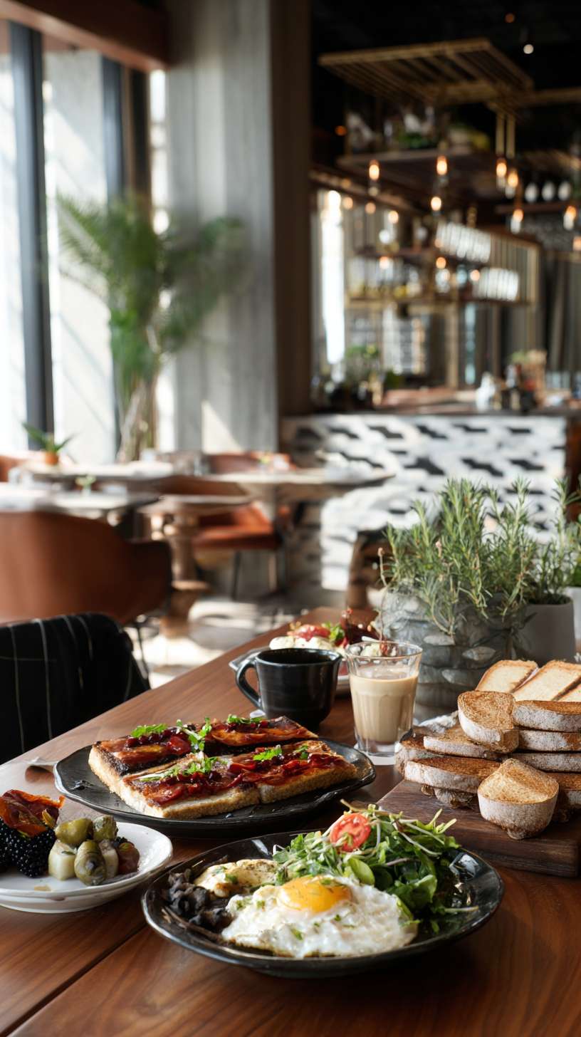 帮我做五张真实亚朵酒店餐厅早餐宣传实拍照片 --ar 9:16 --v 7 --stylize 100 --fast --no 水印