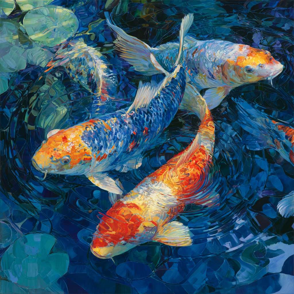 Dreamy depths in cobalt blue, iridescent light creating kaleidoscopic patterns, koi in agile motion, expressive strokes for water and fish, oil. --ar 1:1 --v 7 --stylize 100 --fast