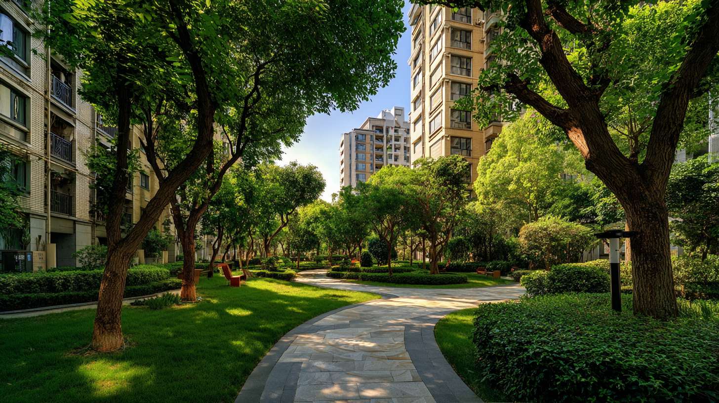 小区内的绿荫市民在树下休憩。新小区近景 --ar 16:9 --v 7 --stylize 100 --fast --no 水印