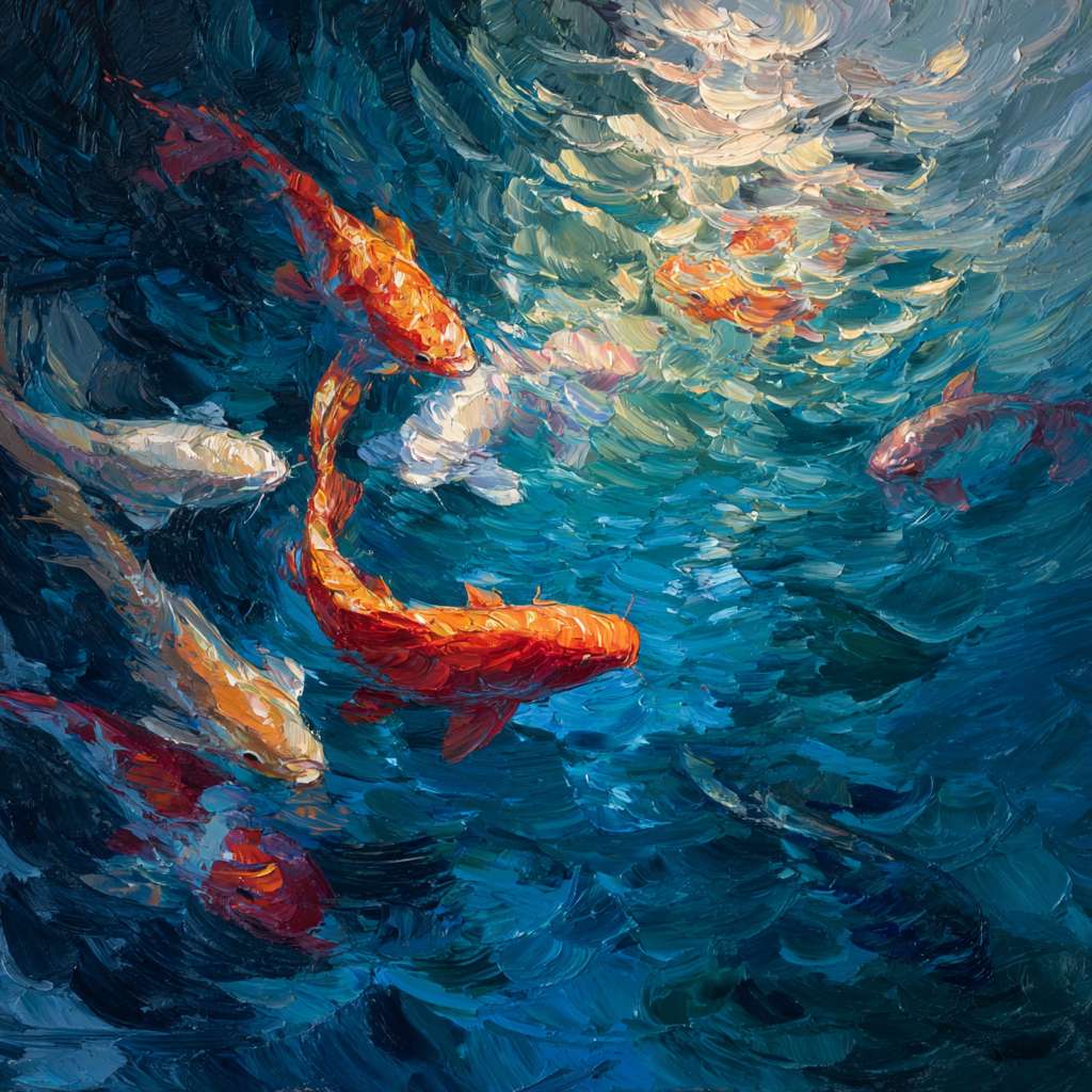 Dreamlike underwater world in deep blues, iridescent light ripples and colorful koi fish in dynamic motion; expressive brushstrokes—thick and thin—capture water’s flow and fish’s agility, abstract oil with lively energy. --ar 1:1 --v 7 --stylize 100 --fast