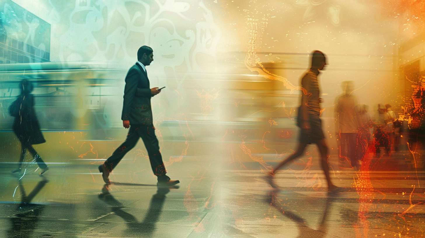 Split image: left side shows frantic businessman walking on phone, right side shows calm barefoot walker, blurred boundary between, no text, social commentary art --ar 16:9 --v 6 --stylize 100 --fast