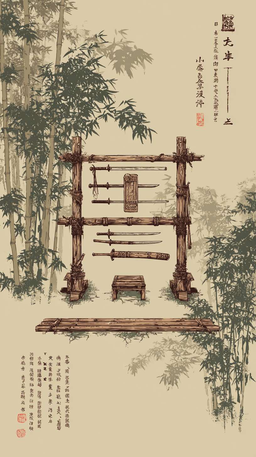 武馆-水墨风
构图:竖版中景,主体为露天练武场,左侧兵器架,中央木人桩,背景为武馆正厅(匾额 “XX 武馆”)核心元素:- 兵器架:木质(淡墨纹理),摆放刀、枪、剑、棍(浓墨线条)- 木人桩:圆柱形(淡墨底色 + 深墨节点)- 地面:练武石(方形,淡墨阴影)
主色调:木色(R150-170, G130-150, B100-120)辅助色:- 兵器:铁灰色(R120-140, G120-140, B120-140)- 匾额:深棕色(R100-120, G80-100, B50-70)统一适配:木色饱和度≤35%,与客栈黄褐色保持质感统一
1. 兵器线条笔触与竹林竹干线条一致2. 木人桩纹理与客栈门板纹理技法相同3. 武馆正厅屋檐与新手村茅屋屋檐运笔一致 --ar 9:16 --v 7 --stylize 100 --fast --no 水印