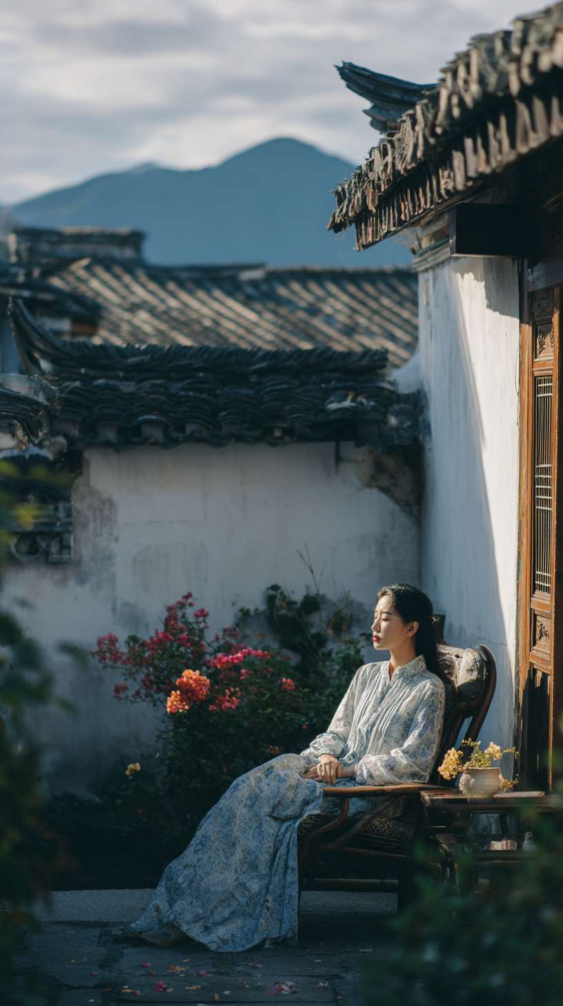 在一个白墙灰瓦的大理小院子里，一个美女在躺椅上悠闲的躺着晒太阳，院子里开满了花，望着远处苍山，感受院里下关风吹来的花瓣 --ar 9:16 --v 7 --stylize 100 --fast --no 水印