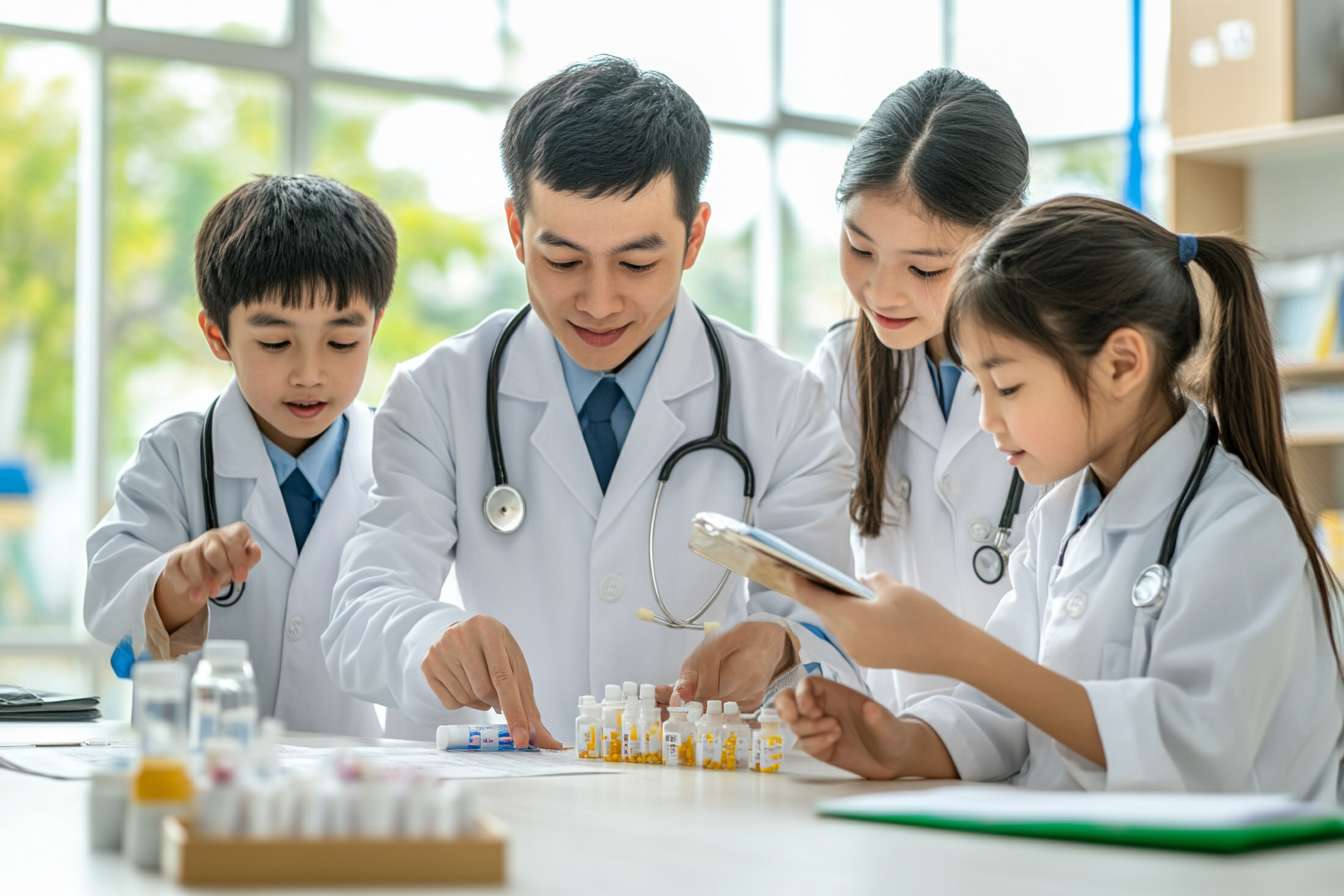 全白色背景，有亞洲籍及南亞籍小學生穿整齊校服正學習中醫知識 --ar 3:2 --v 6.1 --stylize 100 --fast