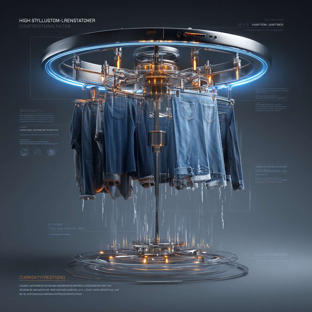 "High-tech rotating clothes rack with built-in UV sterilization, stainless steel ring with 5 adjustable arms, realistic water droplets on blue jeans, dynamic motion blur showing slow rotation, dark gray background with blue LED accent lighting, futuristic home appliance style, hyper-detailed 3D render" --ar 1:1 --v 7 --stylize 100 --fast