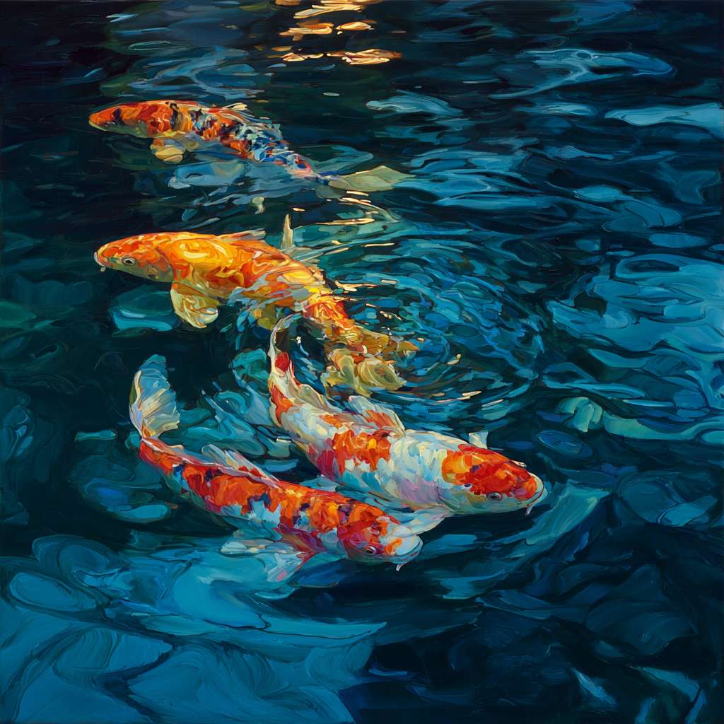 Dreamlike blue water with rippling color and gliding koi, expressive brushwork capturing fluid beauty, oil. --ar 1:1 --v 7 --stylize 100 --fast