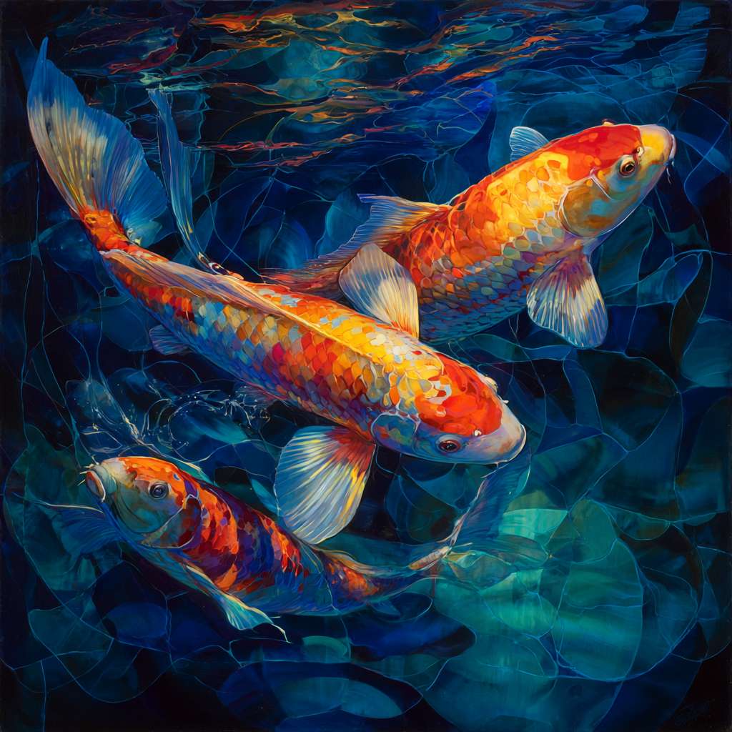 Vibrant underwater fantasy: deep blue sea interlaced with colorful light, koi in dynamic poses, 粗笔触 for water, 细笔触 for iridescence, abstract oil. --ar 1:1 --v 7 --stylize 100 --fast --no 水印