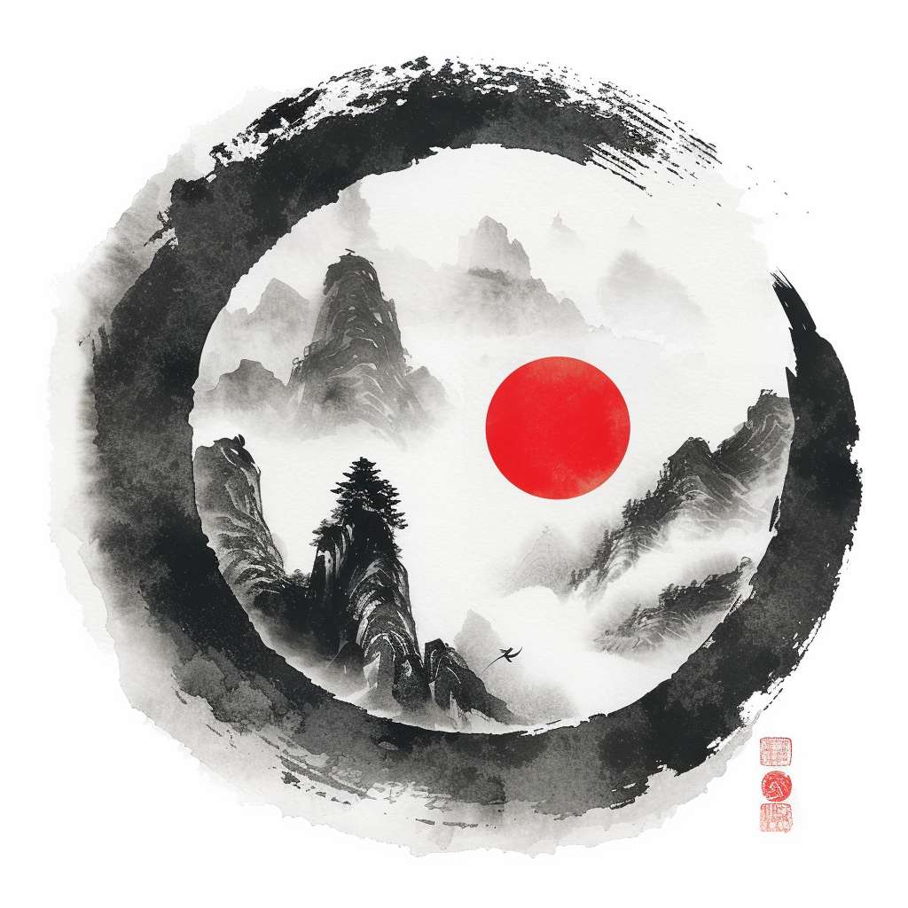 Chinese ink painting style, circular Tai Chi symbol, black and white with single red dot, surrounded by faint misty mountains, pure white background, minimalist Zen style, no text, no watermark --ar 1:1 --v 6 --style raw --stylize 100 --fast