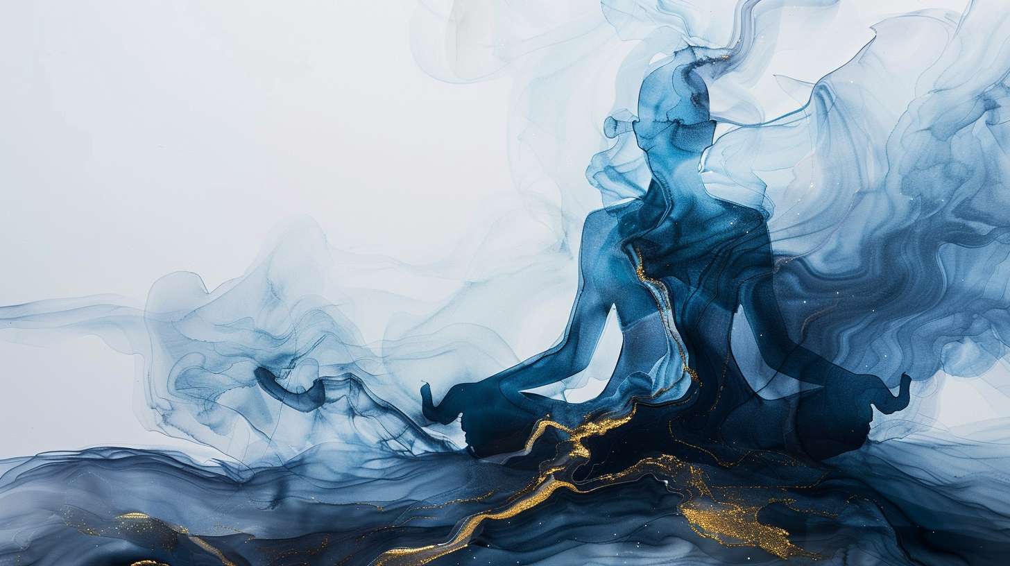 Abstract representation of mindfulness, flowing ink brush strokes forming a meditating figure, blending with nature elements, soft gradients of indigo and gold, symbolic of presence and awareness, wabi-sabi aesthetic with imperfect beauty --ar 16:9 --v 6 --stylize 100 --fast