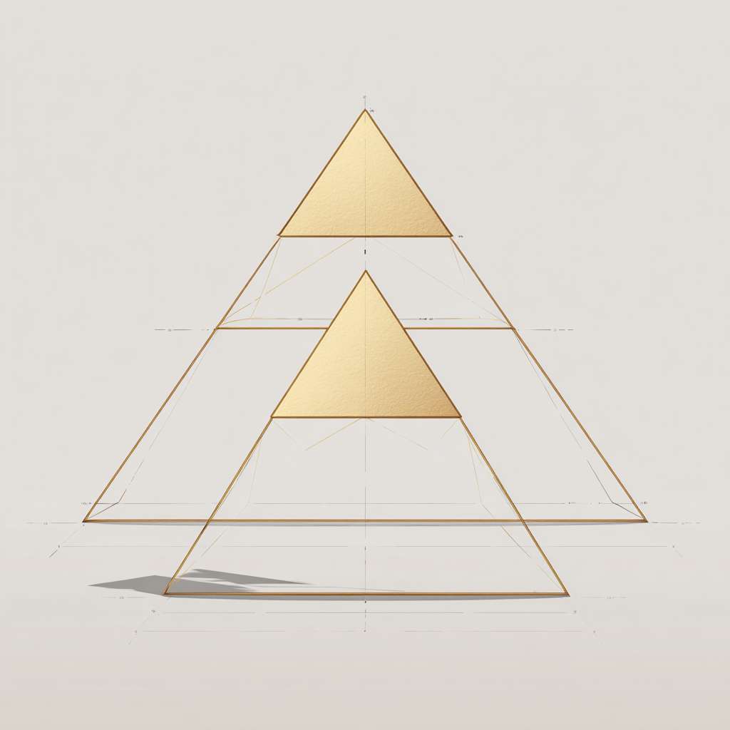 两个等腰三角形在下面，一个等腰三角形在上面，组成一个新的等腰三角形 --ar 1:1 --v 7 --stylize 100 --fast --no 水印