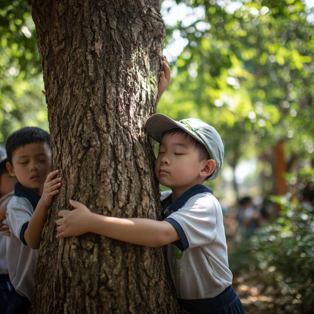 三位大約十至十一歲的小學生圍繞著一棵大樹，雙手輕觸樹幹，閉上眼睛感受大自然的氣息。陽光穿過樹葉灑下，光線柔和自然，背景是森林或公園環境，氣氛平靜、溫暖、真實。真實攝影風格，運動服整潔，構圖自然，他們穿著整齊的運動服，環抱著大樹，並脫掉帽子 --ar 1:1 --v 7 --stylize 100 --fast --no 水印