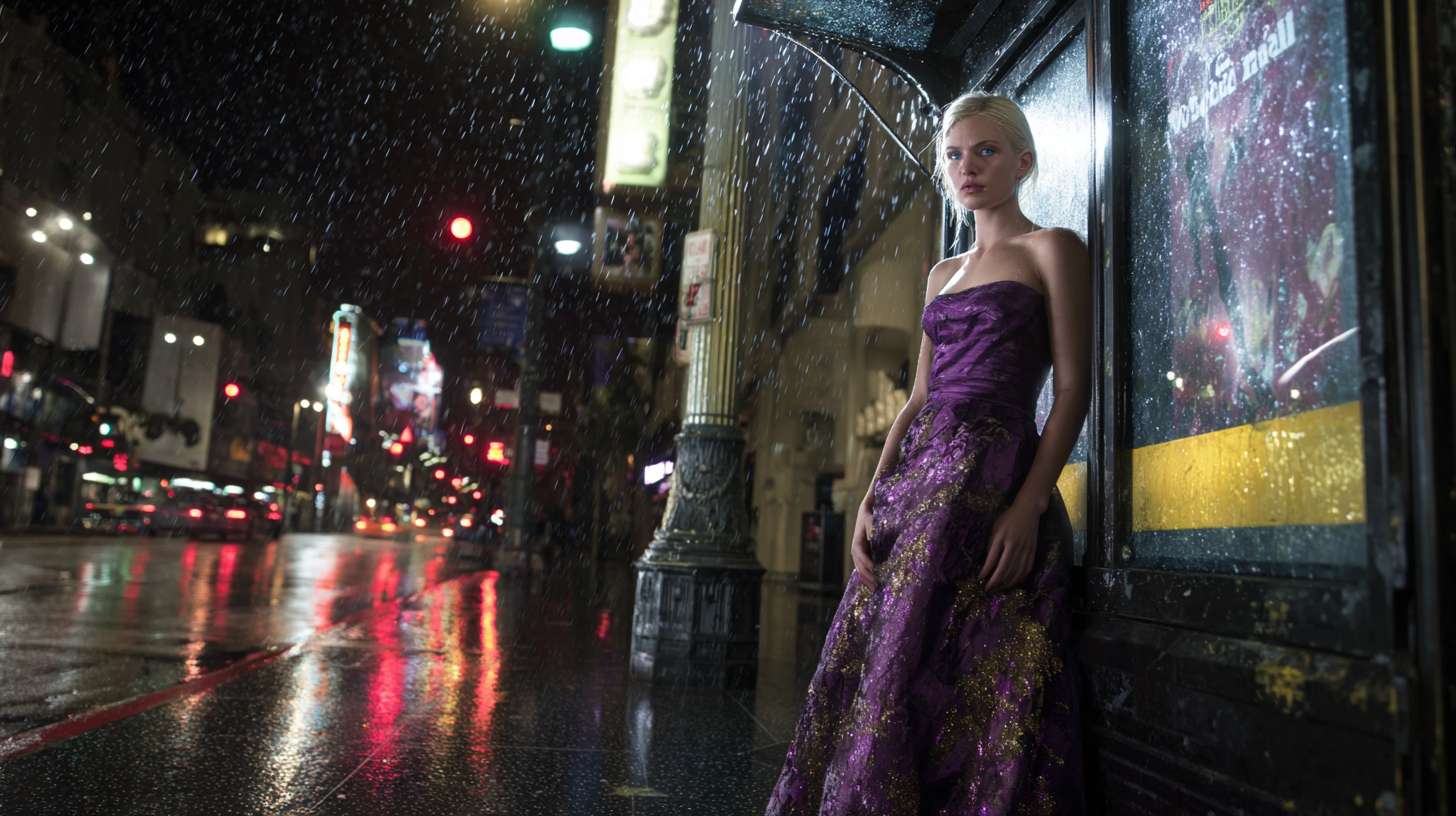 现代3D动画风格，在洛杉矶街道上的灯柱上，当时那里正下着毛毛雨。霓虹灯照在潮湿的柏油路上，一个金发女人穿着华丽的紫色长裙站在前方不远处正对着镜头 --ar 16:9 --v 7 --stylize 100 --fast --no 水印