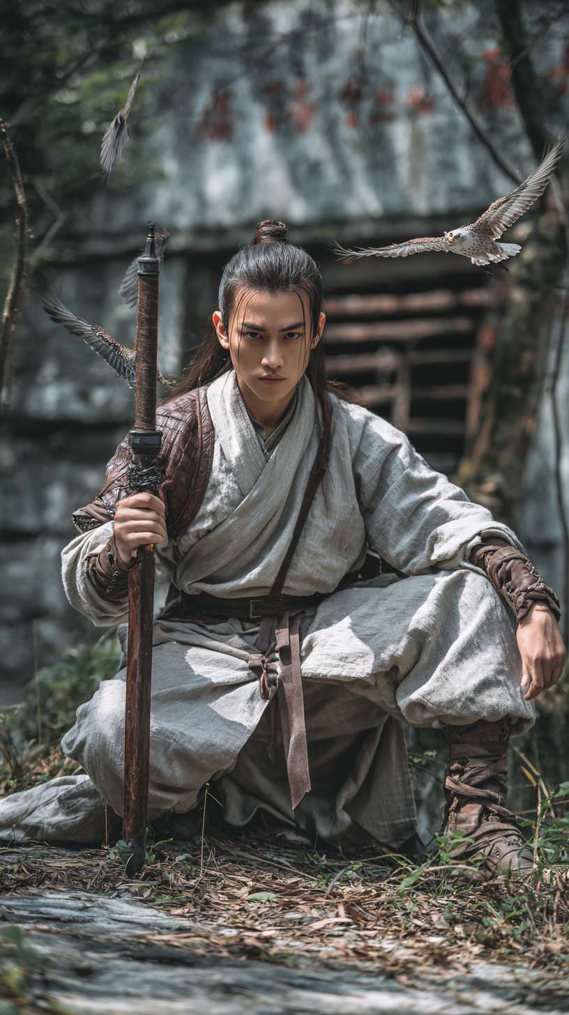 仙侠帅小伙身穿无袖连体紧身短皮装，手持长剑，在热带雨林，失落的古城，飞行的鸟，阳光从树叶的缝隙中射到地面。脸部正面特写，超高清4K --ar 9:16 --v 7 --stylize 100 --fast --no 水印