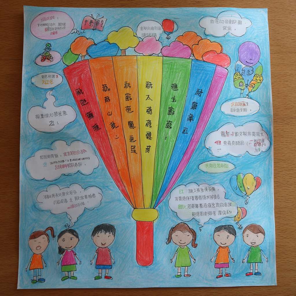 幼儿园大班布置推广普通话手抄报作业，如何构思一个画面鲜明、主题突出、以图为主的手抄报内容。
一、整体构图：一个大大的“喇叭”当主角
画一个几乎占满纸的彩虹色大喇叭（圆锥形+喇叭口），象征“把普通话传遍天下”。
喇叭口朝右上角，自然形成“对角线构图”，空白处正好放文字。
喇叭里“喷”出 4 个彩色气泡，每个气泡里画一幅小图，对应 4 句童谣。
二、4 句“一看就会读”的童谣（每句 5～7 个字，方便孩子描红）
把 4 句童谣分别写进 4 个气泡里，字大、描红、加拼音，老师家长一眼能读。
① 举起彩虹小喇叭
② 大家来说普通话
③ 字正腔圆顶呱呱
④ 祖国妈妈笑哈哈
三、配角让画面“活”起来
喇叭左下画 2 个小朋友，一个汉族、一个少数民族（加小辫子或特色服饰），一起张大嘴做“a—o—e”口型，体现“大家都说普通话”。
喇叭右下画一只卡通“话筒精灵”（给话筒画手脚、笑脸），手拿“五星小贴纸”，暗示“说得棒就奖励”。
背景用淡色中国地图剪影（或只画几座不同颜色的小房子），表示“普通话传四方”。
四、颜色搭配口诀
“喇叭彩虹色、人物原肤色、背景淡蓝绿”，保证主角色彩炸、背景不抢戏。
五、标题 
大家来说普通话
六、手工加分小技巧
喇叭口边缘贴一圈金色亮粉胶，太阳一照“闪”——抓眼球。
4 个气泡用泡沫胶垫高 3 mm，立体又好玩。
把童谣字做成小拉环，孩子能来回拉动，互动感满满。 --ar 1:1 --v 7 --stylize 100 --fast --no 水印