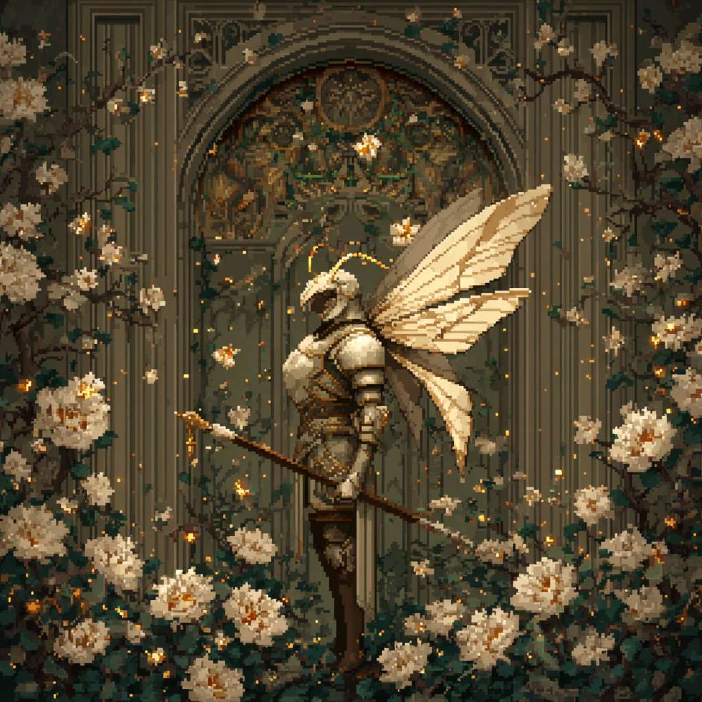 pixel art, fae paladin protector, insect-winged humanoid, elegant and soft at first glance, surrounded by a blooming cathedral garden, glowing flowers, intricate vines --ar 1:1 --v 7 --stylize 100 --fast