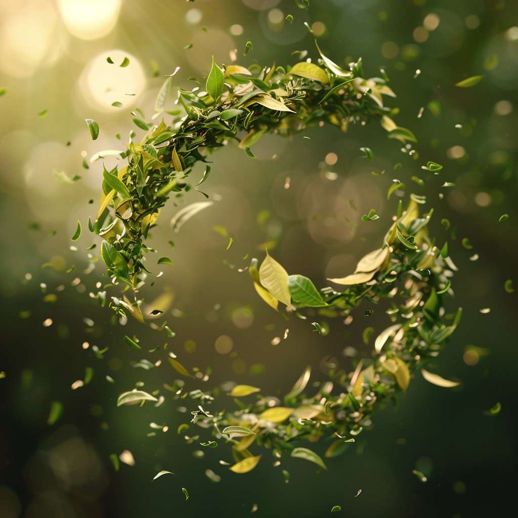 Floating tea leaves in mid-air forming yin-yang symbol, 
selective focus with bokeh light spots, 
no text, surreal photography --ar 1:1 --v 6 --stylize 100 --fast