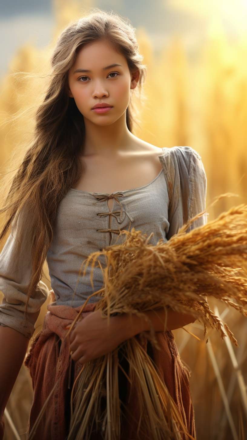 masterpiece, 8k, hyperrealistic photo of a modern rural woman standing in a golden rice paddy, holding a bundle of ripe rice stalks in her hands, wearing loose cotton shirt and muddy work gloves, detailed weathered skin texture, morning mist with dewdrops on rice ears, natural soft backlighting from low-angle sunlight, shallow depth of field with blurred background, dynamic motion blur on swaying rice stems, cinematic composition, Fujifilm GFX 100s medium format camera, f/1.4 aperture, 85mm lens, ISO 100, award-winning photography --ar 9:16 --v 5.2 --stylize 100 --fast