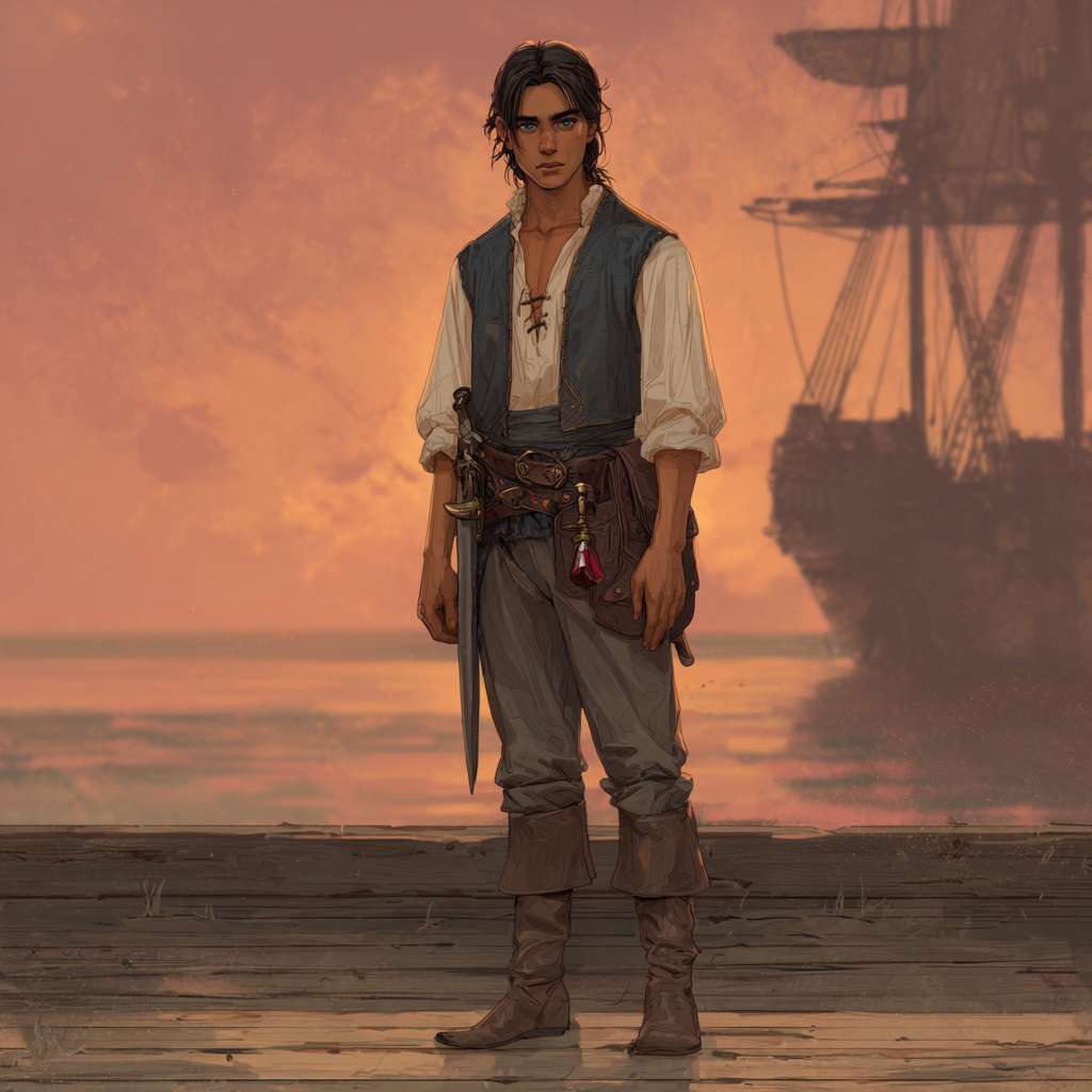 A young half-elven sailor named Baya standing on a wooden dock at sunset, slightly pointed ears, deep-blue eyes, shoulder-length black hair with sun-bleached brown tips, bronzed skin, lean muscular build. He wears a worn white linen shirt with sleeves rolled up, a patched dark-blue vest, gray roughcloth pants tucked into brown leather boots. On his waist, a dark leather belt holds a small red potion bottle and a rustic brown flask. A short sword in a simple wooden scabbard hangs at his side. His expression is a mix of guarded suspicion and hidden longing. Behind him, a silhouette of a sailing ship under a pink-orange sky. --ar 1:1 --v 7 --stylize 100 --fast