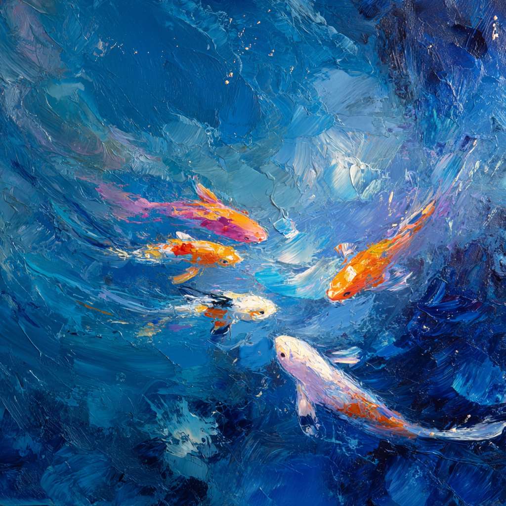 Dreamy blue depths with iridescent light and vivid koi, expressive strokes for fluid grace, abstract. --ar 1:1 --v 7 --stylize 100 --fast