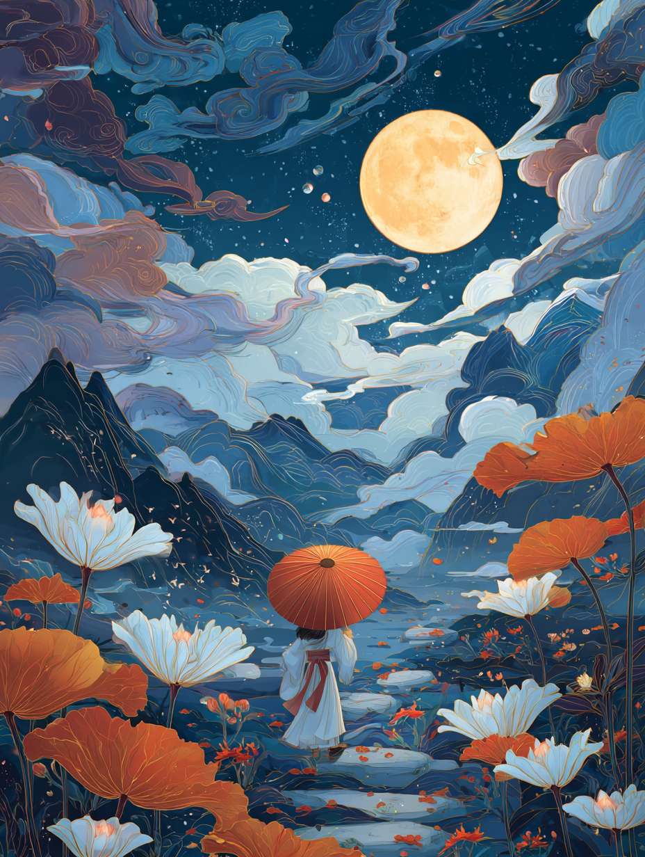 中秋节海报背景图高级感高端，设计感和独特性 --ar 3:4 --v 7 --stylize 100 --fast --no 水印