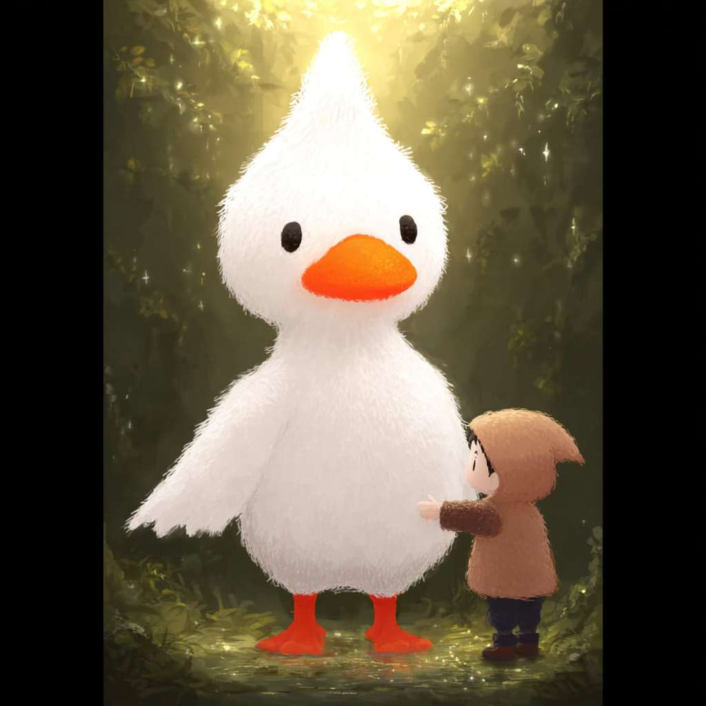 https://img-xpc-mj0.xpccdn.com/prod/upload/6142d541-9b9c-4c57-8e6b-ad78daa441dd/ME1753784848498.png~tplv-5yakomv5zn-auto-v1%3A1024%3A0%3Aq75.jpg 请使用插画风格。人物视角是远景。在森林深处有一只小白鹅和一个少年，他们高度差不多，面对面站着，小鹅伸出翅膀，少年伸出小手，翅膀和小手相碰。少年穿着全年的斗篷，斗篷的帽子很大，把脸都遮住了。森林上方打下一束柔和的光，光里漂浮着亮晶晶的孢子。 --ar 1:1 --v 7 --stylize 100 --fast --iw 1 --no 水印