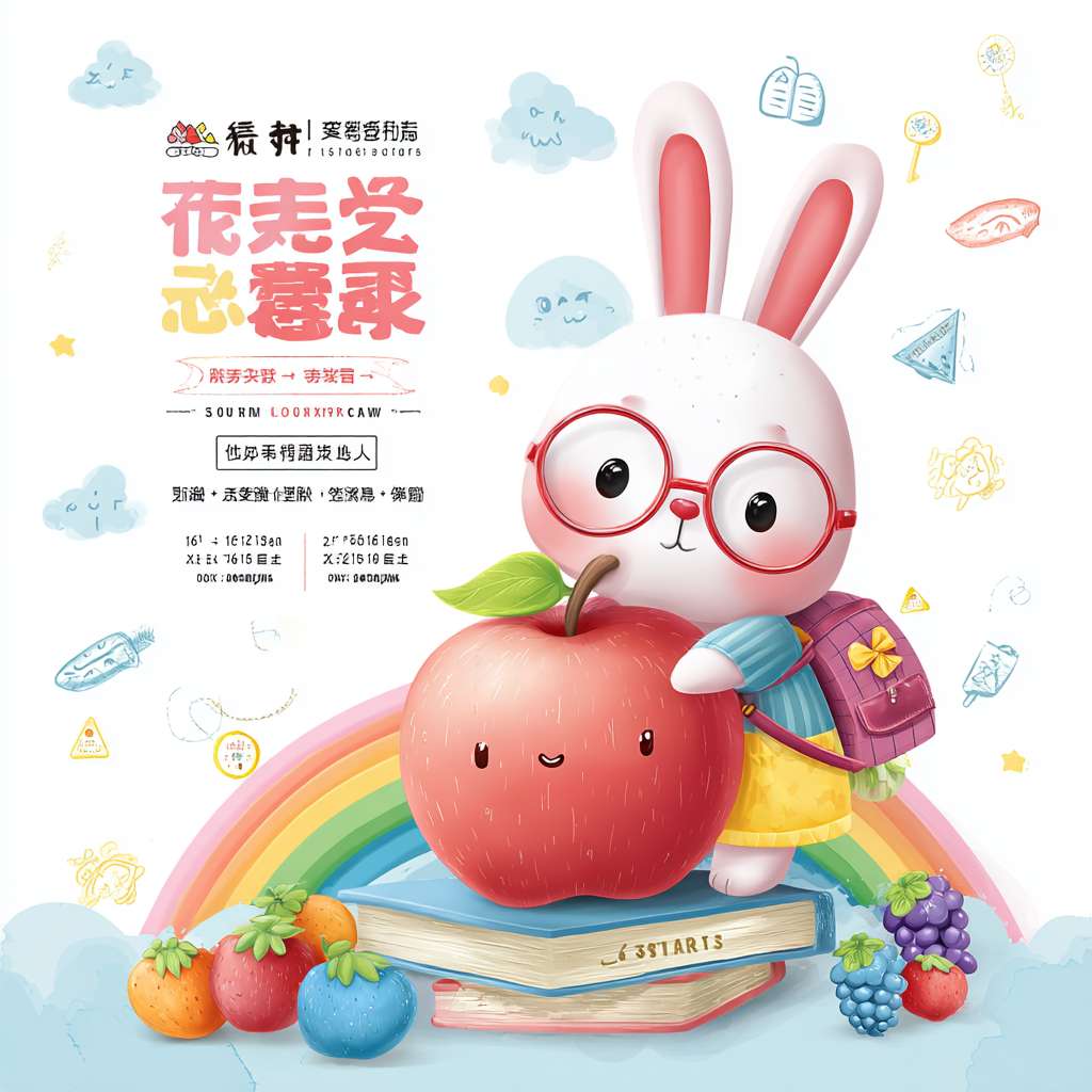 1. **顶层标题区**(参考图布局)
- 顶部居中:**立体云朵牌匾** 写中英文校名(参考图字体)
- 牌匾下方:**彩虹绸带**托起主标题 **“数果累累”**(圆润手绘字体,“数”字嵌入✨)
- 副标题:**“一年级数学练习册”**(字体略小,放在绸带末端)
2. **中央动态区**(核心创意)
- **主角:果果兔兔升级版**
- 戴眼镜的**卡通兔子**(参图角色延续)**怀抱巨大数学苹果**(苹果表面刻“+−×÷”符号)
- 兔子**坐在倾斜的“书本瀑布”顶端**,书本中涌出:
- **数学果实流**:数字形草莓(🍓=3)、几何葡萄串(🍇=球形+立方体)、算珠石榴籽
- **算式藤蔓**:绿叶缠绕成“2+3=5”等飘带
- **背景**:虚化的**金色麦田**(呼应丰收) + **果树剪影**(枝干自然弯曲成数字)
3. **底部信息区**(实用功能)
- **左侧**:**木质小课桌** 放作业本(封面写“姓名:______”,参考图样式)
- **右侧**:**竹篮**装满数学果实(篮身标签:“学习单元:______”) --ar 1:1 --v 7 --stylize 100 --fast --no 水印