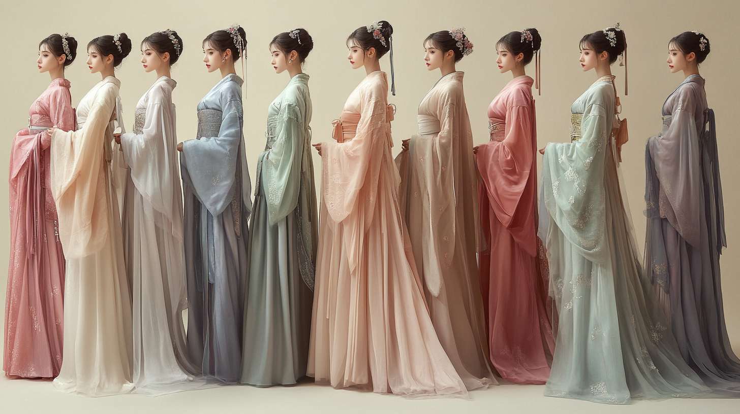 汉服，汉服图片，一张图片上有多套服装，一字排开，色彩淡雅，有模特，正对镜头 --ar 16:9 --v 6.1 --stylize 100 --fast